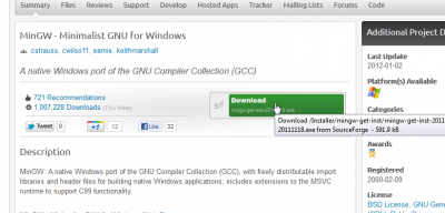 Загрузка MinGW с SourceForge.net